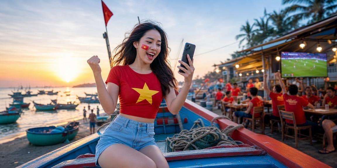 Người dùng Mũi Né xem trạng thái giao dịch trên mobile gần bãi biển