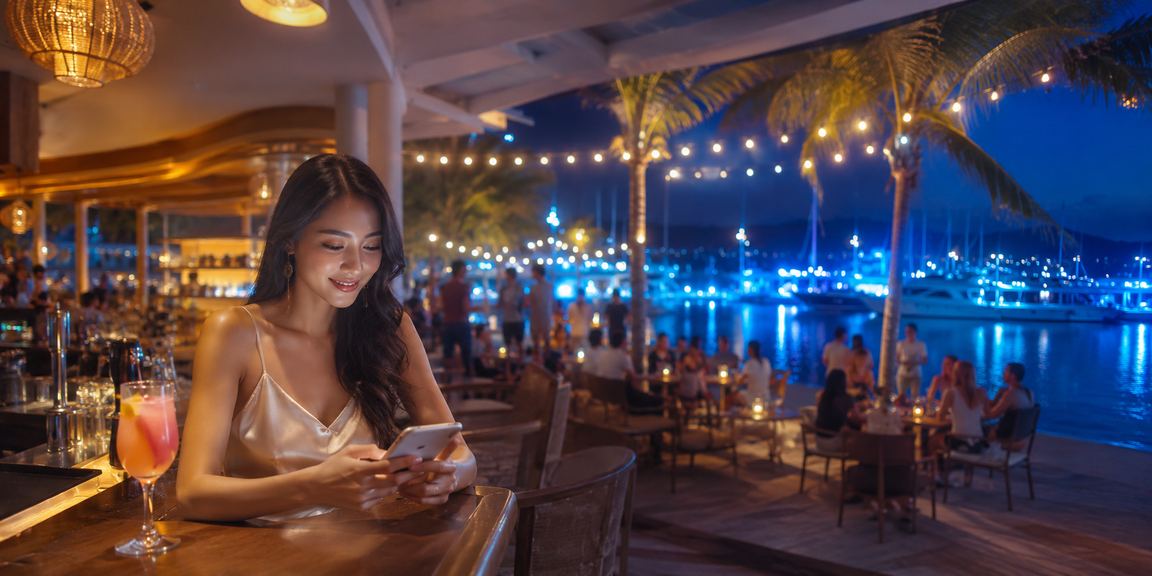 Người dùng tại Phú Quốc đăng nhập tài khoản giải trí trên điện thoại bên bãi biển